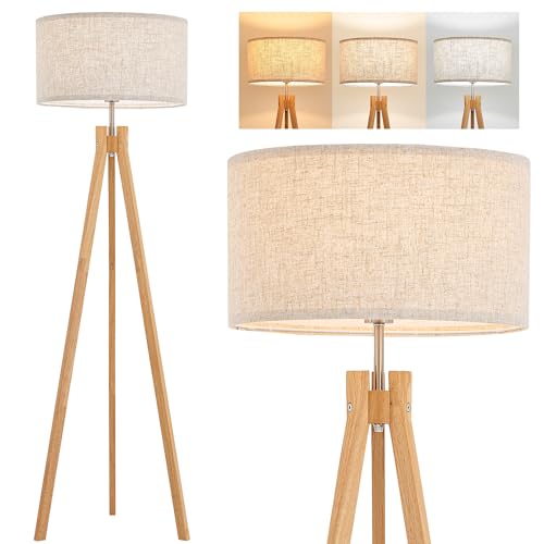 elyona nordic wood tripod floor lamp modern reading standing lamp for living room 3 color temperatures led bulb included flaxen lamp shade boho natural wooden floor lamp for bedroom office kids room