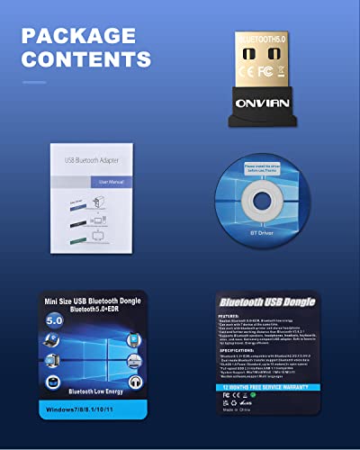 Onvian Usb Bluetooth Adapter For Pc, Plug&Play Bluetooth 5.0 Dongle Receiver For Windows11/10/8.1/8 Bluetooth Extender For Desktop Printer Laptop Mouse Keyboard Headsets Speakers Win7 Driver-Needed #TOP6