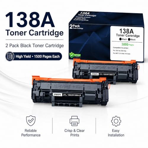 Image of 138A Black Toner Cartridges 2 Pack for Laser Printer Pro 3001dw 3101fdw | Replacement for HP 138A|W1380A Toner with Chip for Pro 3001dw 3001fdw Pro MFP 3101fdw 3101sdw Printer