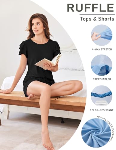 Image of Ekouaer Womens Pajama Sets 2 Piece Ruffle Sleeves Top and Shorts Pjs | Soft Sleepwear Cute Loungewear Set with Pockets for Sleep, Lounge, Wedding, Party, Bridal