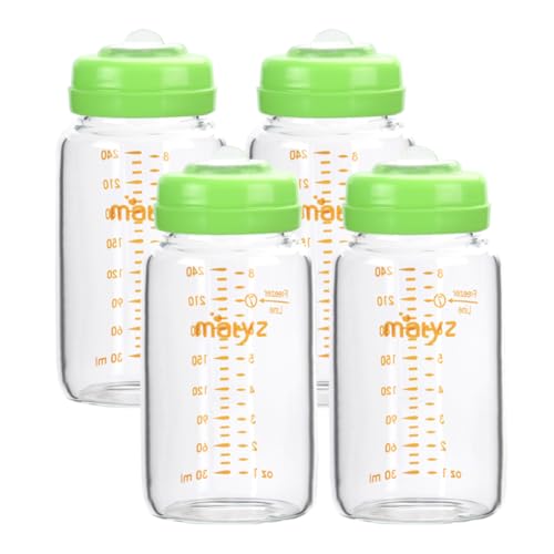 Image of Matyz Glass Breastmilk Storage Containers, 4 Pack, 8 oz Bottle, Compatible with Spectra Medela Philips Pump - Freezer Safe Bottles Set - Leakproof Glass Breast Pump Bottles - No BPA (Green Lids)