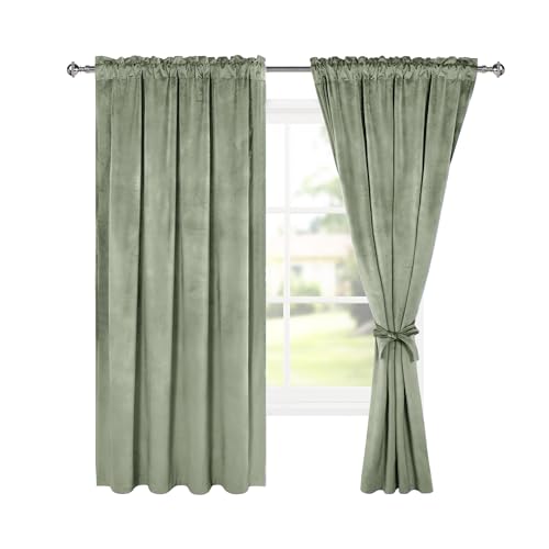 Hiasan Velvet Blackout Curtains Rod Pocket, 52W x 72L Sage Green, 2 Panels