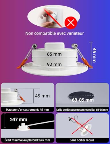 iLC Spots LED Encastré 8W (équivalent 60W) Découpe 68-85mm, Couleur RGB Changement Variation Coloré RGBW IP44 Blanc froid 5700K Rond Encastrables par Télécommande (lot de 4) – vue 2