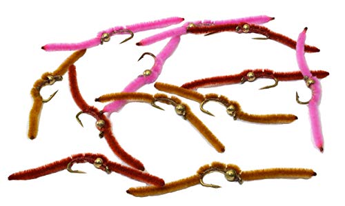 Tungsten Bead Head San Juan Worm Fishing Flies - 1 Dozen on Mustad Signature Fly Hook Size 14 - Assorted