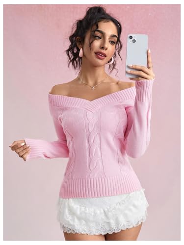 Image of MakeMeChic Women's V Neck Cable Knit Sweater Long Sleeve Knit Slim Fitted Y2K Tops Shirts Pink Medium