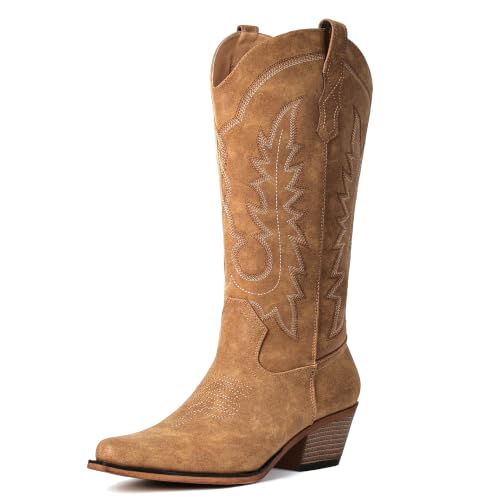 Image of Women's Pointed Toe Mid Calf Cowboy Boots - Cowgirl Boots with Chunky Heel