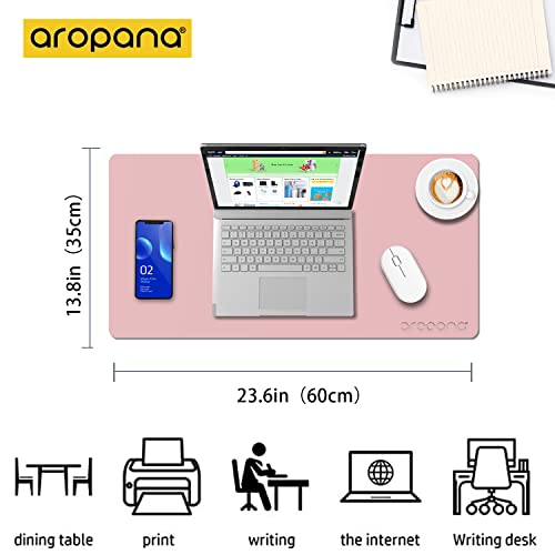 Image of AROPANA Vegan Leather Desk Mat | Large Reversible Mouse Pad & Computer Table Protector | Dual-Side Waterproof Extended Laptop Pad with Edge-Stitched Design (60x35CM, Pink and Silver)