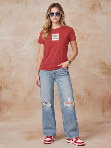 Image of JUNEBERRY Women's Regular Fit Printed Tee - 100% Pure Cotton, Round Neck, Half Sleeve Graphic T-Shirt for Daily Use (Colors: Red, Brown, Green & Future Dusk)
