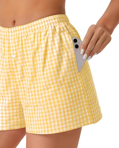 Image of Women Boxer Shorts Summer Gingham Pj Casual Plaid Bottoms with Pocket