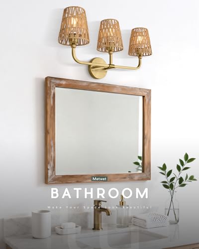 Image of 3-Light Bathroom Light Fixtures, Brushed Gold Rattan Vanity Lights with Flared Handwoven Shade, Boho Wall Sconce, Farmhouse Sconces Wall Lighting for Hallway Bedroom, VL837-BG-RA-3