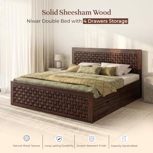 Image of WOODLAB Furniture Sheesham Wood Queen Size Bed with 4 Side Drawer Storage and Headboard | Wooden Double Size Bed Cot Palang for Bedroom Living Room Wooden Double Cot Palang Bed (Walnut Finish)