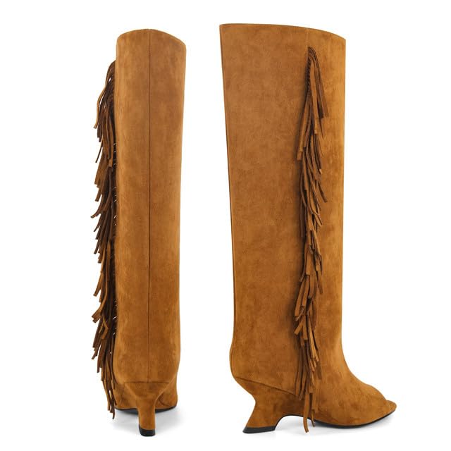 LISHAN Women's Peep Toe Block Heel Fringe Knee High Boots Tassel Long Boots4