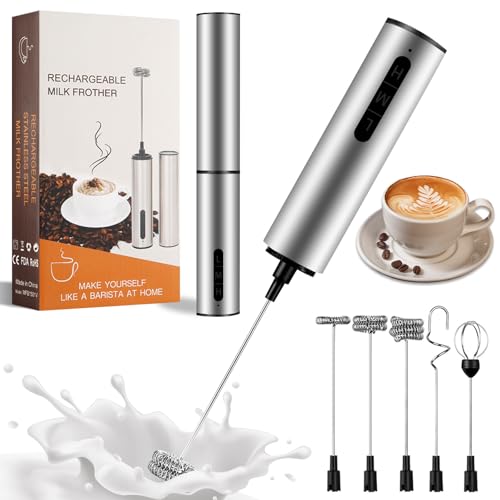 Espumador de Leche Eléctrico, USB-C Recargable, con 3 Velocidades y 5 Accesorios, Batidor de Mano Portátil en Acero Inoxidable para Café, Latte, Cappuccino, Matcha, Nata, Huevos, Chocolate