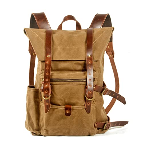 YUYUFA Retro Handmade Backpack Canvas Stitching Leather Backpack Outdoor Travel Mountaineering Backpack(white-Starlight10)