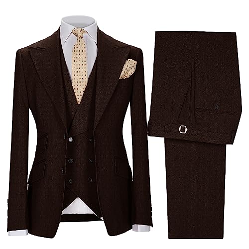 Men’s 3 Piece Suit Solid Two Button Slim Fit Peak Lapel Tuxedo Set for Wedding Business Party Blazer Vest Pants Set