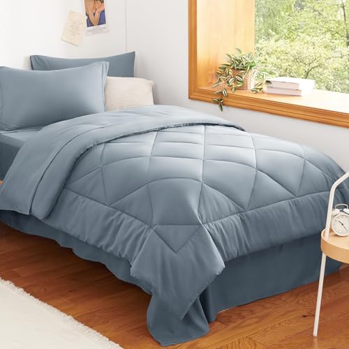 Image of CozyLux Twin Comforter Set with Sheets Dusty Blue - 5 Pieces Bed in a Bag Twin, All Season Bed Set for Girls and Boys, Bedding Set with Down Alternative Comforter, Sheets, Pillowcase & Sham