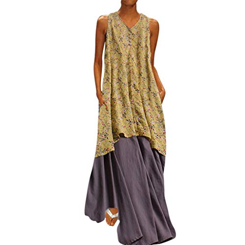 Sunnywill Women Dress, Plus Size Women Floral Printed V Neck Cotton Linen Sleeveless Maxi Dresses Womens Popular Classic Sweater Dress Cocktail Dress Yellow