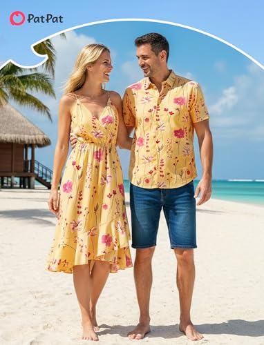 Image of PATPAT Couples Matching Outfits Hawaiian Women Dresses & Men Shirts | Matching Cruise Outfits for Couples, Beach Vacation Outfits, Spaghetti Strap Midi Sundress, Men Boho Tropical Print Shirt