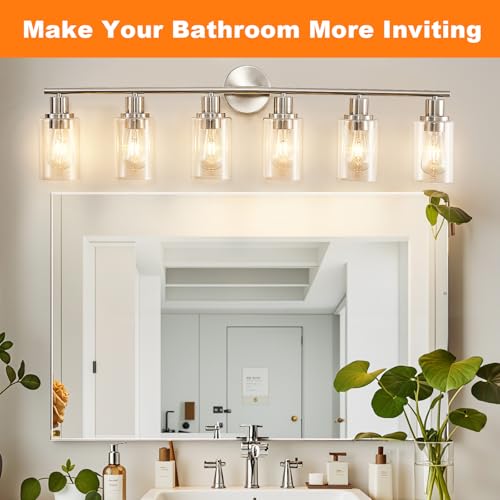 Image of DLLT 6-Light Bathroom Light Fixtures: Nickel Modern Vanity Lights with E26 Bulbs - Clear Glass Shade Bathroom Wall Lamp for Mirror Kitchen Living Room Hallway Cabinet Porch