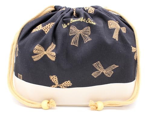 miwaki お弁当袋 巾着袋 中 女の子 お弁当入れ コップ入れ 小学校 幼稚園 保育園 日本製 手作り お名前タグ付き モチーフ レース ランダム リボン ブラック kok M