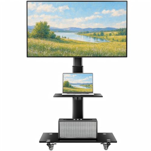 BONTEC Soporte TV Ruedas para Pantallas de 30-70 Pulgadas Plasma/LCD/LED, Soporte TV Altura Ajustable 6 Niveles, 2 Vidrio Templado, hasta 40 kg, Máx. VESA 600x400 mm, Suelo para Salon Oficina Escuela