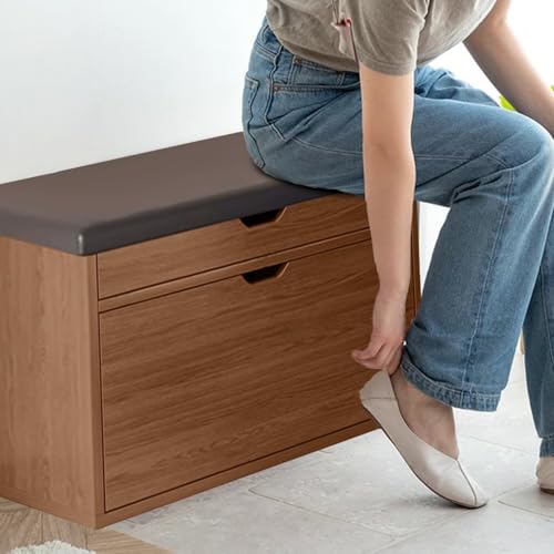 Rosefinch 玄関ベンチ 玄関椅子 収納ベンチ 靴箱2段式 幅80×奥行き24×高さ51cm 下駄箱 開閉式玄関ベンチ 収納付き 玄関スツール シューズボックス 靴棚 靴収納 収納スツール茶色 [4]