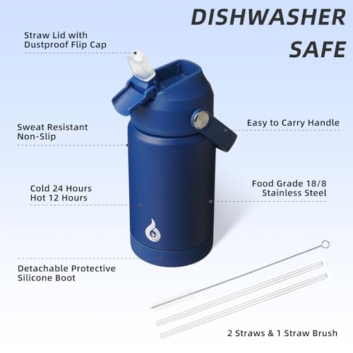 Image of BJPKPK Insulated Water Bottle with Straw Lid, 12oz Thermo Water Bottles, Flex Handle & Non-slip Boot, BPA Free Leak Proof Stainless Steel Metal Thermo, Tumblers, Cups,Klein Blue