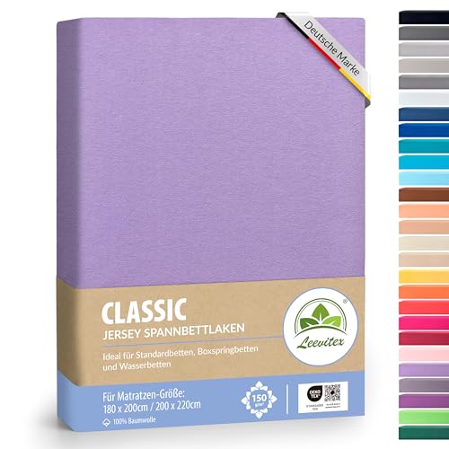 Boxspringbett & Wasserbett Spannbettlaken von leevitex® | Spannbetttuch | ÖKO-TEX | 180x200 – 200x220 cm | 100% Jersey-Baumwolle | 150 g/m² | 40 cm Steg | Flieder/Lavendel