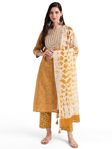 Image of MIRCHI FASHION Pure Cotton Women Straight Print & Thread Embroidery Kurti Set with Dupatta & Pant