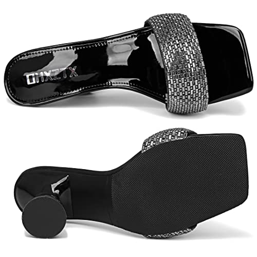 Image of Women's Square Open Toe Kitten Heel Mules, Rhinestone Sandals | Metallic PU Slides & 3.15 IN Block Square Heels: Non-Slip Rubber Outsole, Easily for Wedding, Party or Work.