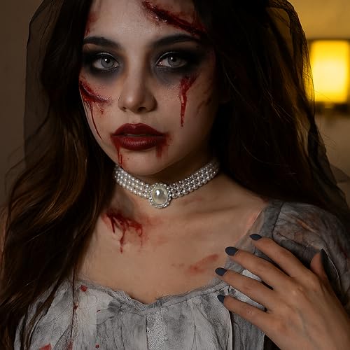 Halloween Pearl Choker Necklace, Gothic Blood Pearl Necklace Vampire Choker as Halloween Costume Gift, Faux Chokers White Necklaces Fake Vintage Jewelry as Goth Party Accessories3