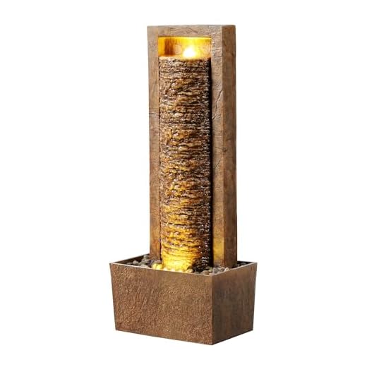 Teamson Home Garten Outdoor Brunnen Hoher Wasserfall mit warmen LED-Lichtern, Layered Rock Design, Robustes Polyresin, braunes Finish