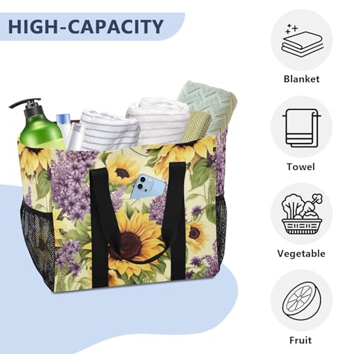 Nander Sunflowers and Lavender Foldable Tote Bag Waterproof Sandproof Women Beach Bag Handbag Gym Bag Travel Shopping Bag4