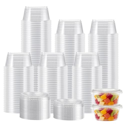 Lamosi 360 Set 2 oz Jello Shot Cups with Lids Small Plastic Food Portion Condiment Cups with Lids Food Safe Disposable Souffl Storage Containers for Salad Dressing Sauce Dipping Snacks
