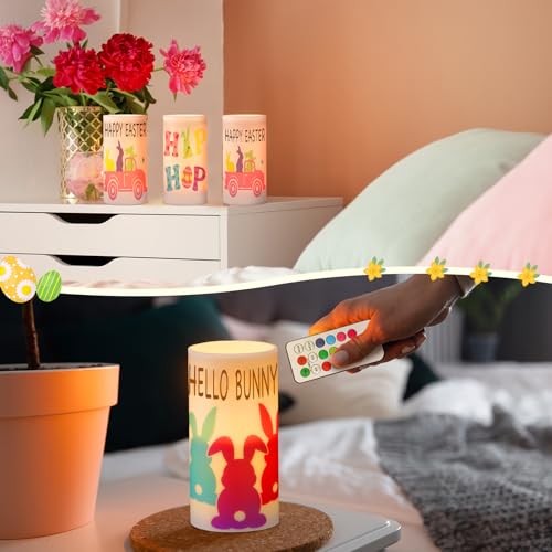 Image of Retisee 3 Pcs Pastel Easter Flameless LED Candles Battery Operated Bunny Spring Flickering Pillar Candles with Remote Pastel Easter Decoration Centerpiece for Bedroom Living Room Dinner Table Decor
