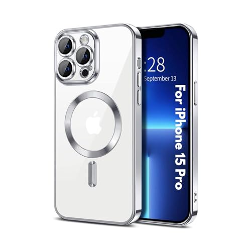 Image of TPU Designed for iPhone 15 Pro Max Luxury Electroplating Case [Magnetic MagSafe] [Integrated Lens Protection] Back Cover Case for iPhone 15 Pro Max (Silver)