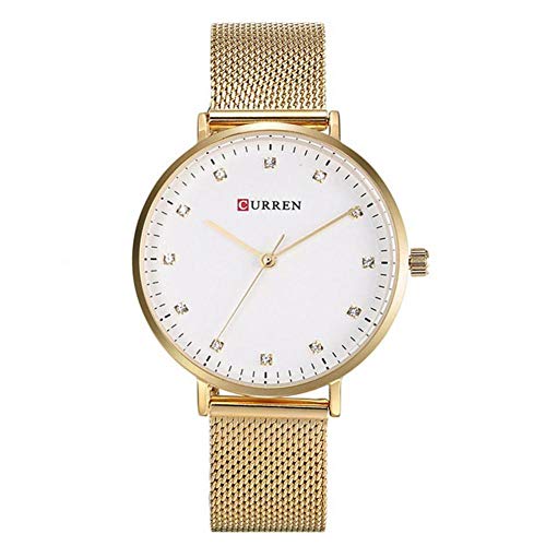 Preisvergleich Produktbild Dilwe Runde Zifferblatt Armbanduhr, Frauen wasserdicht Glas Zifferblatt Legierung Armband Quarz Armbanduhr (Gold + Weiß)