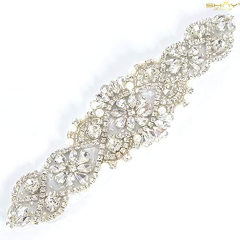 ShinyBeauty Bridal Belt Rhinestone Belt 17.5CM Length by 5cm Width Silver Claw Sash Belt Pearl Crystal Belt Wedding Applique Belts Rhinestone Appliques for Dress Girls Cloths Belt Ribbon Belt RA250 Cover