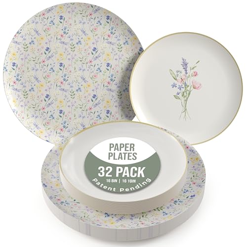 Trendables Heavy Duty Paper Plates Set For 16 Guests - 16 Each Of 8-inch And 10-inch Disposable Plates For Party - Fancy 32 Piece Dinnerware Set For All Occasions | Floral Design, Charm