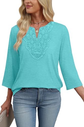 Image of WIHOLL 3 /4 Length Sleeve Womens Tops Boho V Neck Lace Shirt Trendy Blouses Dressy Casual Vacation Clothes S-3XL