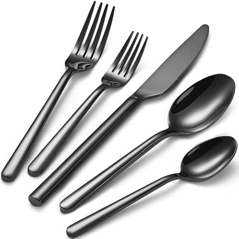 40-Piece Black Silverware Set for 8, Heavy-Duty 18/0 Stainless Steel Black Flatware Cutlery Set, Modern Round Handle Black Utensils Set, Dishwasher Safe for Home, Restaurant, Mirror Black, 40-PCS Cover