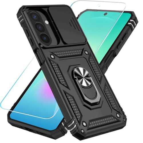 SunStory Compatible with Samsung Galaxy A27 5G Case with HD Screen Protector & Slide Camera Cover & Rotated Ring Kickstand,[Shockproof] Dual Layers Phone Case for Galaxy A27,Black