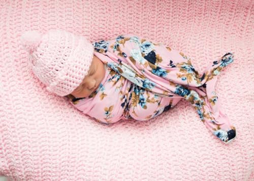 Image of DRESHOW BQUBO Baby Girl Newborn Floral Receiving Blankets with Bow Hat Headband Wooden Birth Announcement Card Set Newborn Baby Swaddling Hats Swaddle Blanket Toddler Warm Shower Gift