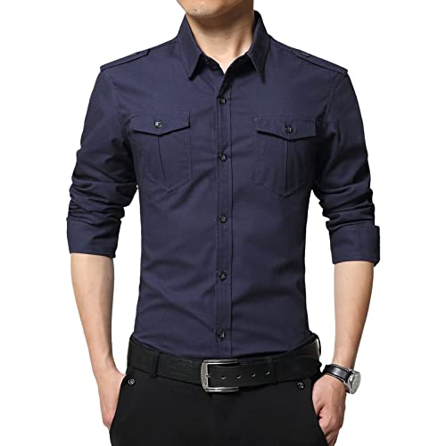 Men's Long Sleeve Button Down Shirts Turn-Down Collar Slim Fit Shirt Stylish Business Tactical Shirts with Pockets (Dark Blue,X-Large)