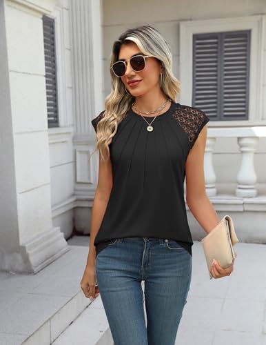 Zeagoo Women's Lace Cap Sleeve Tops Pleated Crewneck Summer Tank Tops 2025 Dressy Casual Sleeveless Shirts Blouse2