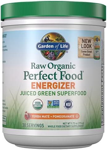Garden of Life Raw Organic Perfect Food Energizer Juiced Green Superfood Powder - Yerba Mate Pomegranate, & Probiotics, Gluten Free Whole Food Greens Supplements, 30 Servings, 9.73 Oz