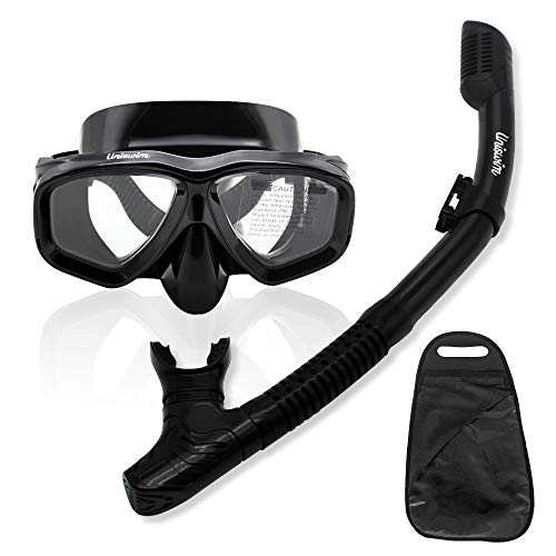 Uniswim Snorkeling Mask Snorkel Set Adult Dry Snorkel Mask Purge Valve Tube Snorkel Silicone Mouthpiece Anti-Fog Coated Glasses Diving Mask Clear View Leakproof Easy Breathing Snorkel Set - Black
