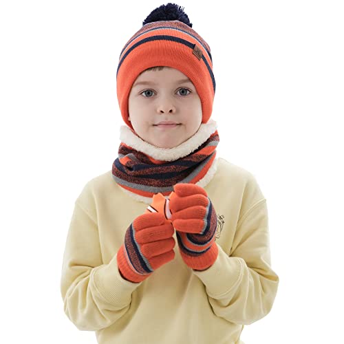 Image of Kids Toddlers Winter Hats Knit Warm Beanie Scarf Gloves Set for Boys Girls Age 2-7, Pompom Cap Neck Warmer Fleece Lined Gifts