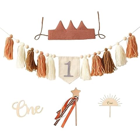 Ikubigu Highchair Banner for 1st Birthday, Handmade Birthday Crown, Highchair Banner, Cake Topper, Baby Shower Photo Props, Birthday Party Decorations Set for Baby Girl Baby Boy(Brown) Cover