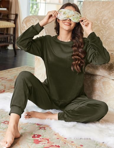 Ekouaer Womens Pajamas Sets Long Sleeve Soft Sleepwear 2 Piece Velvet Pjs Lounge Sets with Pockets